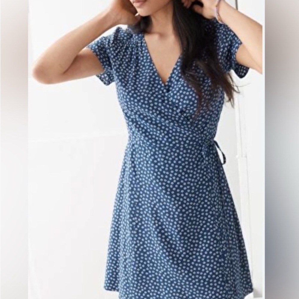 Brand Velvet Blue and White Puff Sleeve Wrap Dress